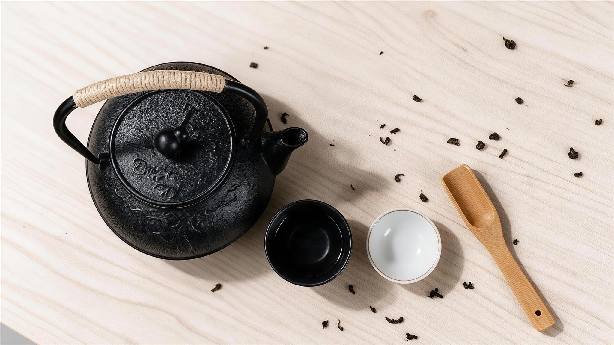 Cast iron teapot on a sunlit kitchen countertop