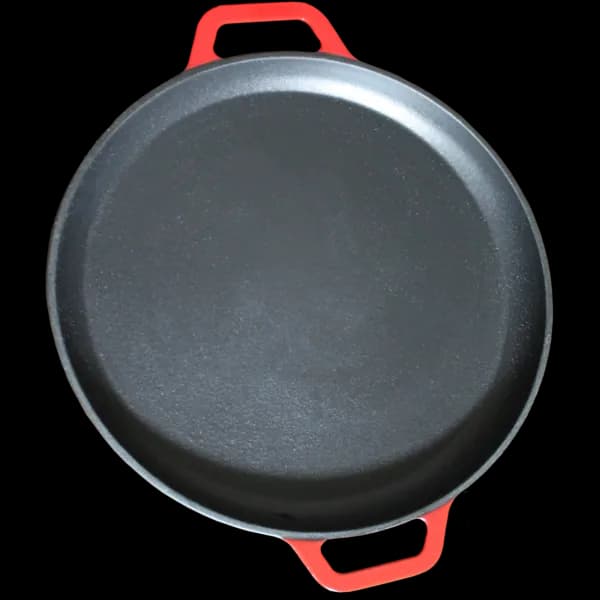 Red cast iron pizza pan